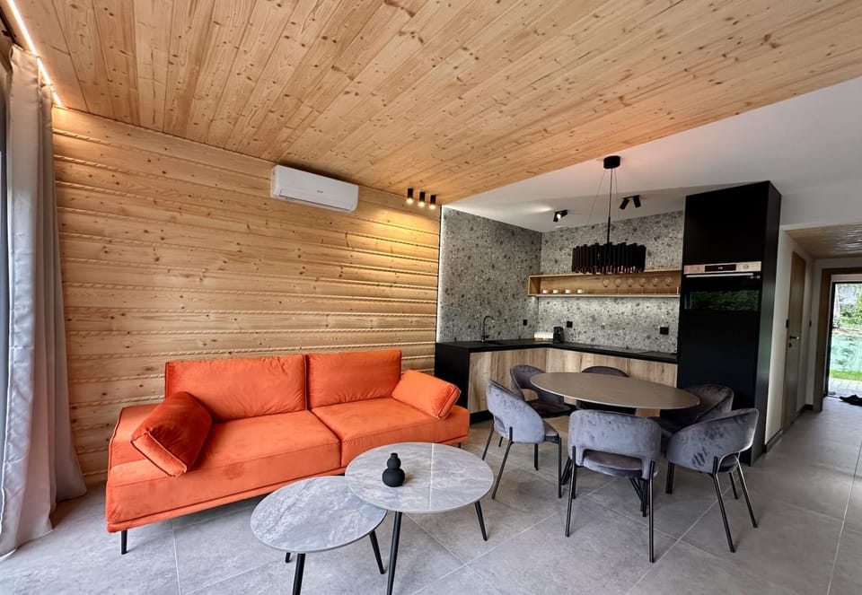 Kitchen or kitchenette, Living room, Seating area, Dining area, air conditioner