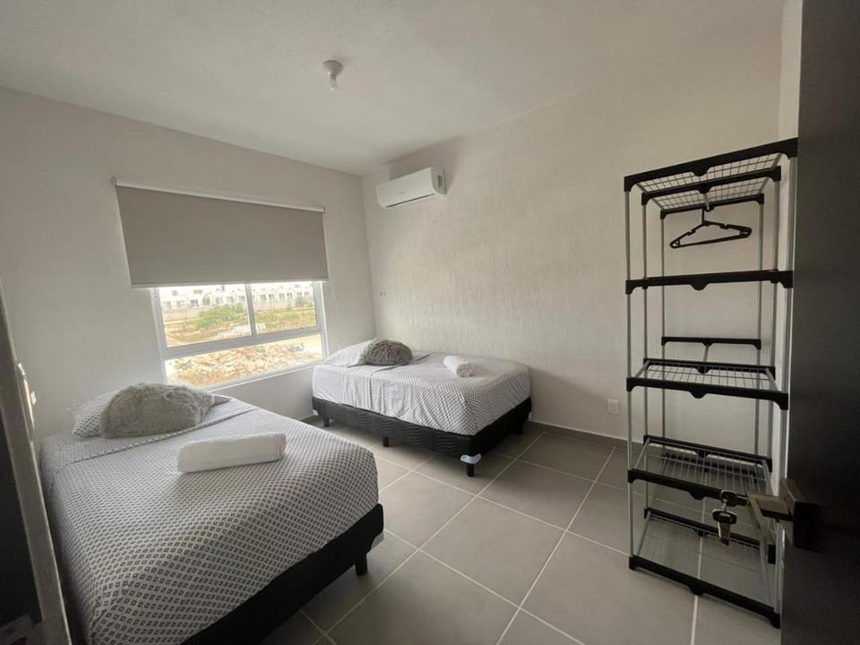 Bed, Photo of the whole room, Bedroom, towels, air conditioner