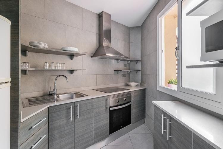 Kitchen or kitchenette, dishwasher, stove