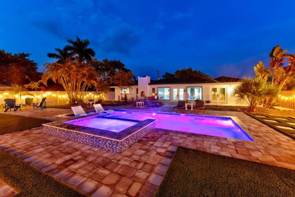 Property building, Night, Pool view, Swimming pool