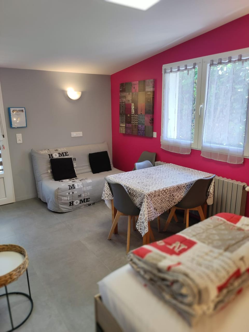 Bed, Living room, Dining area