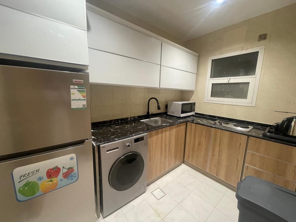 Kitchen or kitchenette, minibar, stove, washing machine