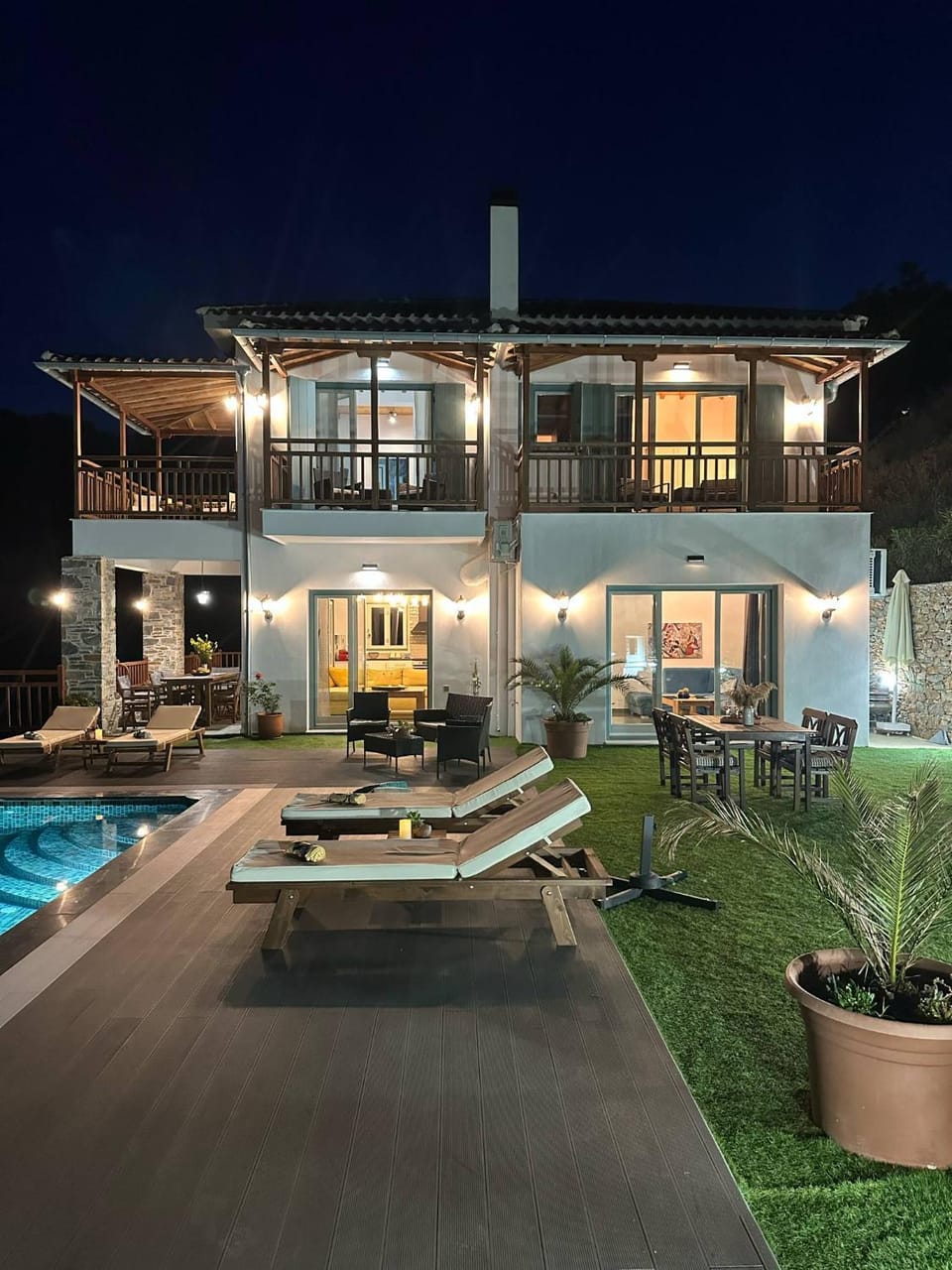 Property building, Patio, Night, Swimming pool