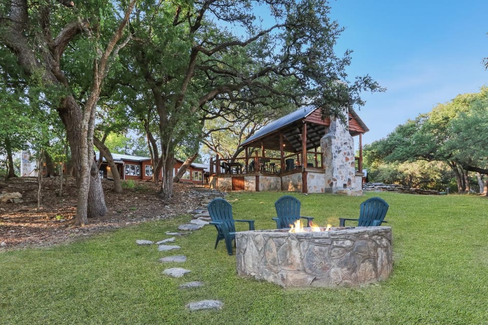 Property building, Patio, Day, Natural landscape, Garden, fireplace