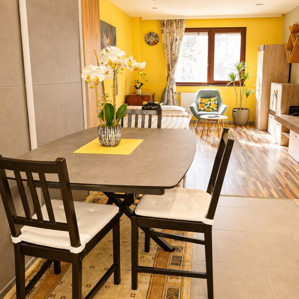 Kitchen or kitchenette, Living room, Seating area, Dining area