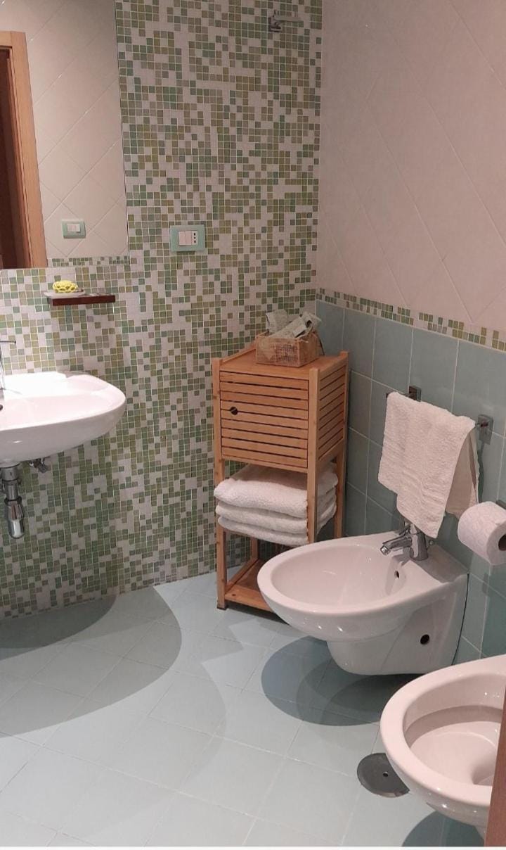 Toilet, bidet, towels