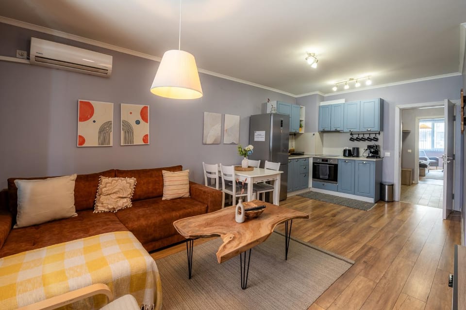 Kitchen or kitchenette, Living room, Dining area, oven, stove, air conditioner