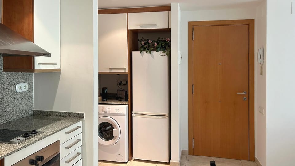 Kitchen or kitchenette, stove, washing machine