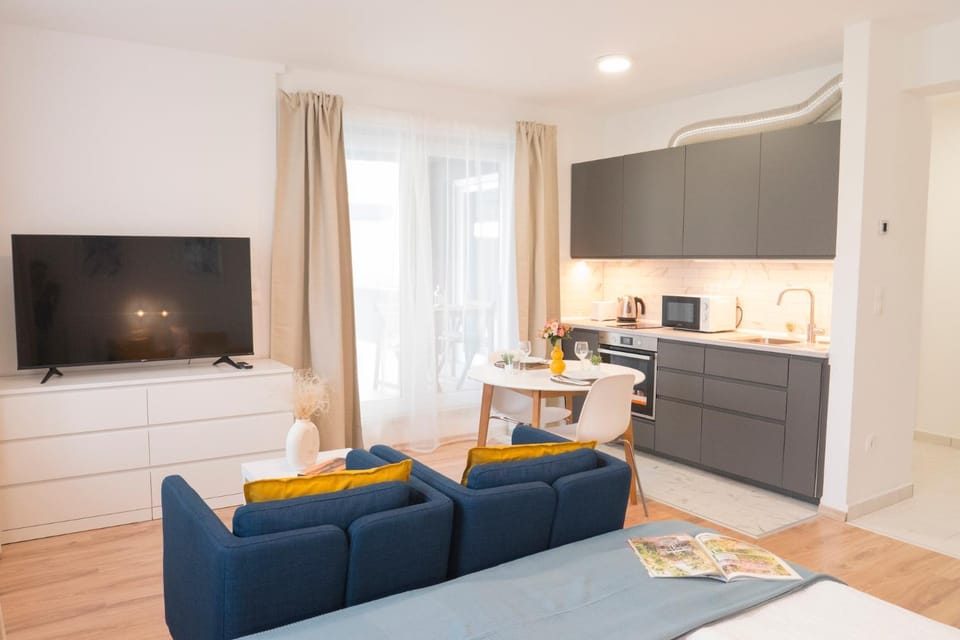 TV and multimedia, Kitchen or kitchenette, Living room, Photo of the whole room, Seating area, Dining area