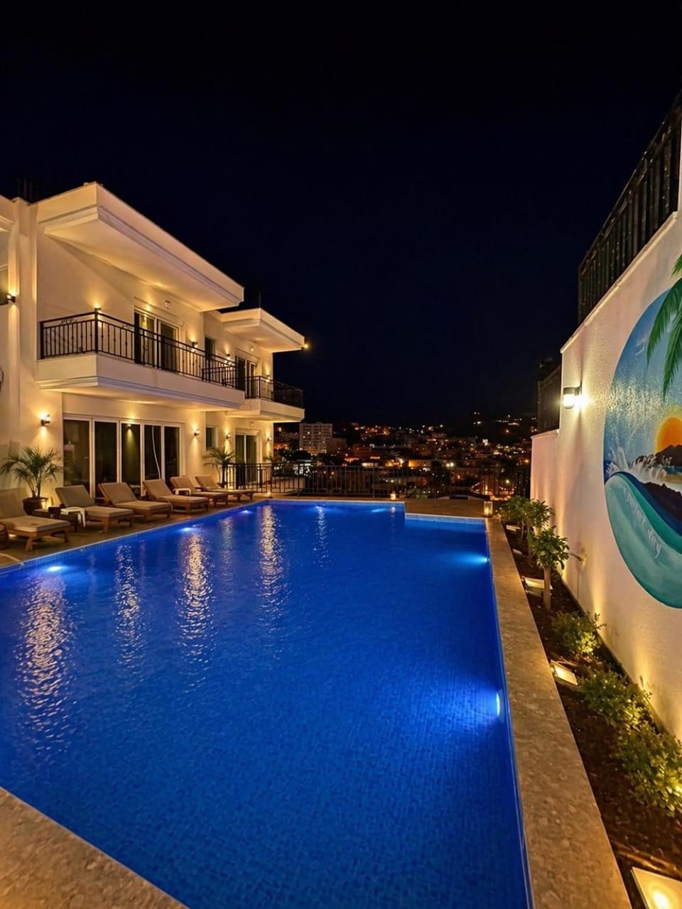 Property building, Night, Pool view, Swimming pool