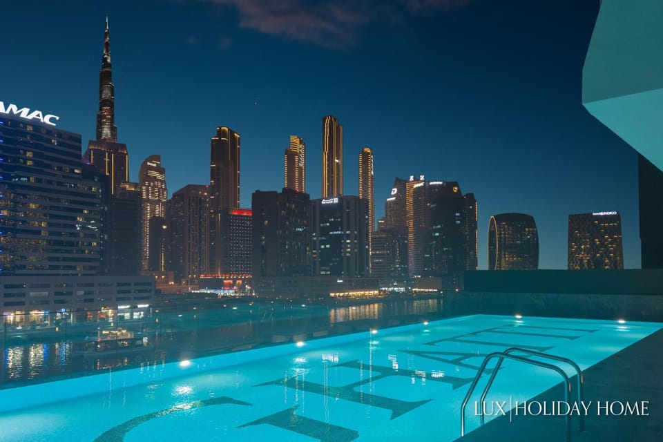 Night, City view, Swimming pool