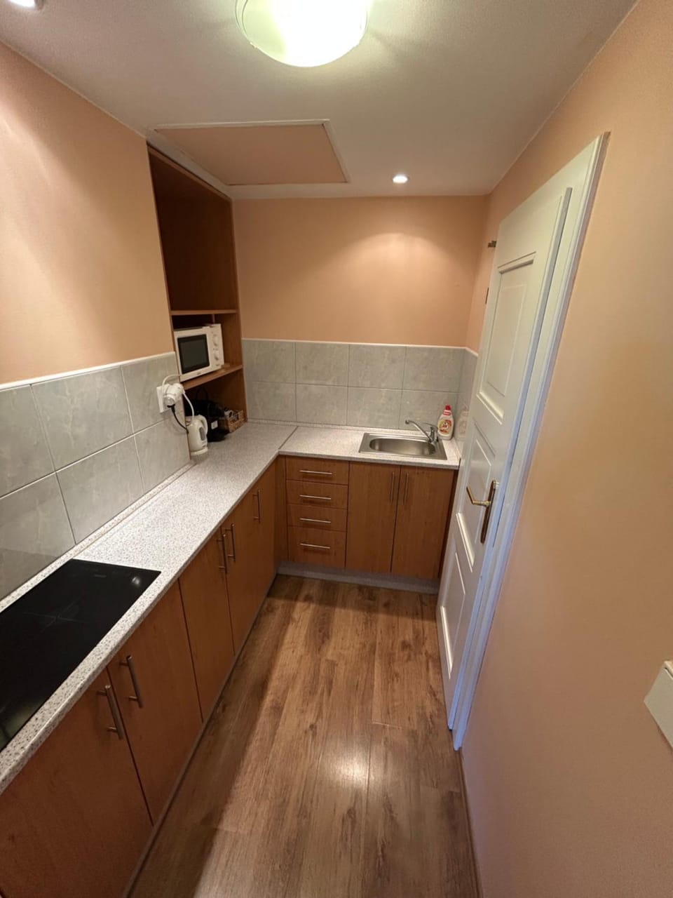 Kitchen or kitchenette, microwave, stove