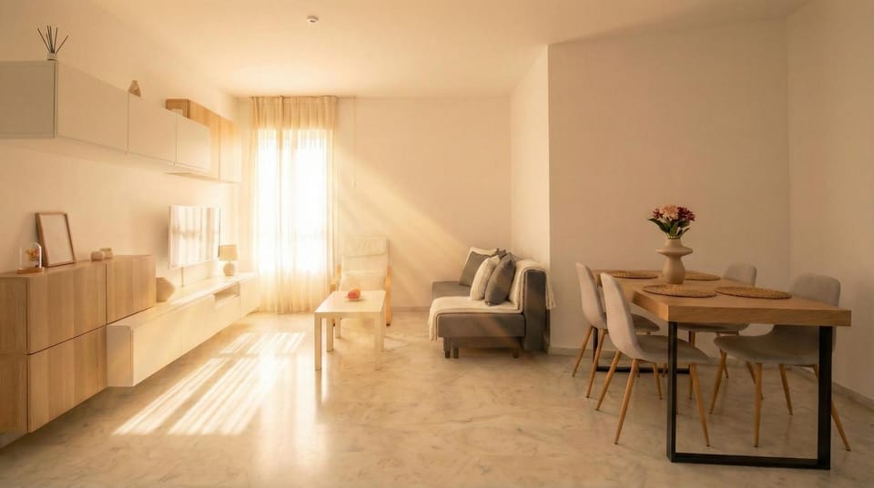 Kitchen or kitchenette, Living room, Seating area, Dining area