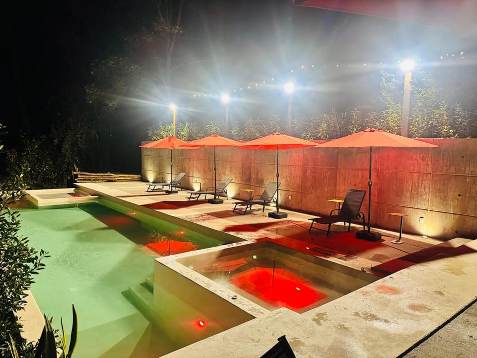 Night, Natural landscape, Pool view, Swimming pool, sunbed