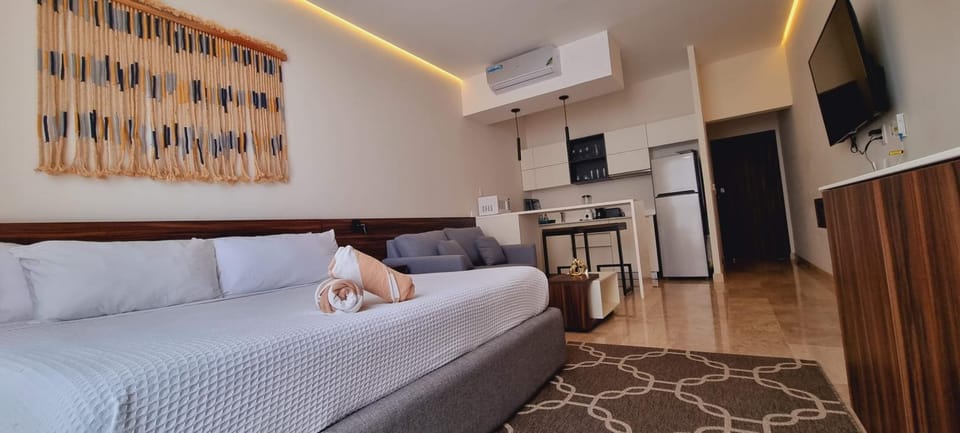 Bed, TV and multimedia, Kitchen or kitchenette, Living room, Photo of the whole room, Dining area, Bedroom, air conditioner