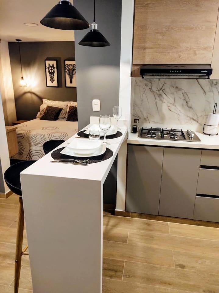 Kitchen or kitchenette, stove