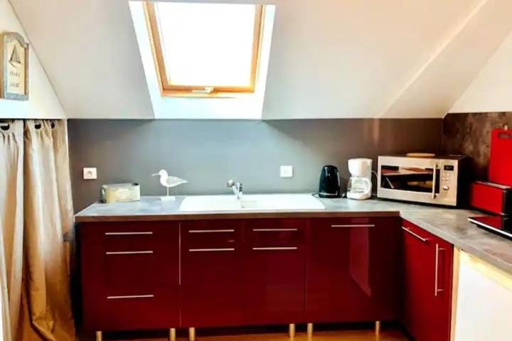 Kitchen or kitchenette, stove, toaster