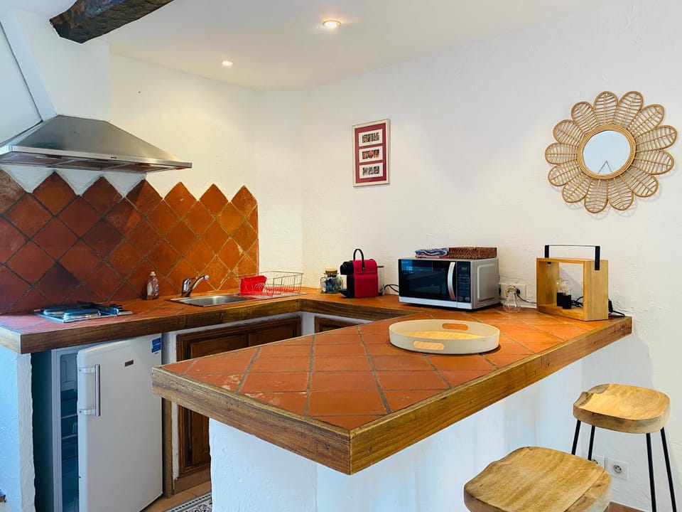 Kitchen or kitchenette, minibar, stove