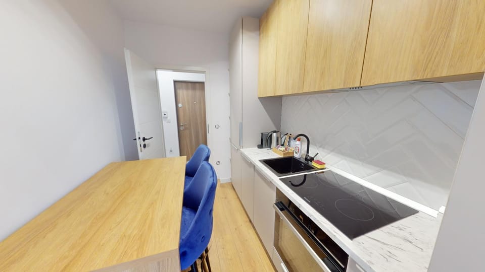 Kitchen or kitchenette, stove