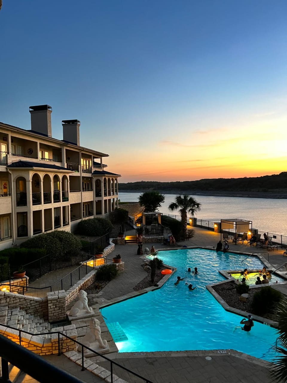 Property building, Lake view, Pool view, Swimming pool, Sunset