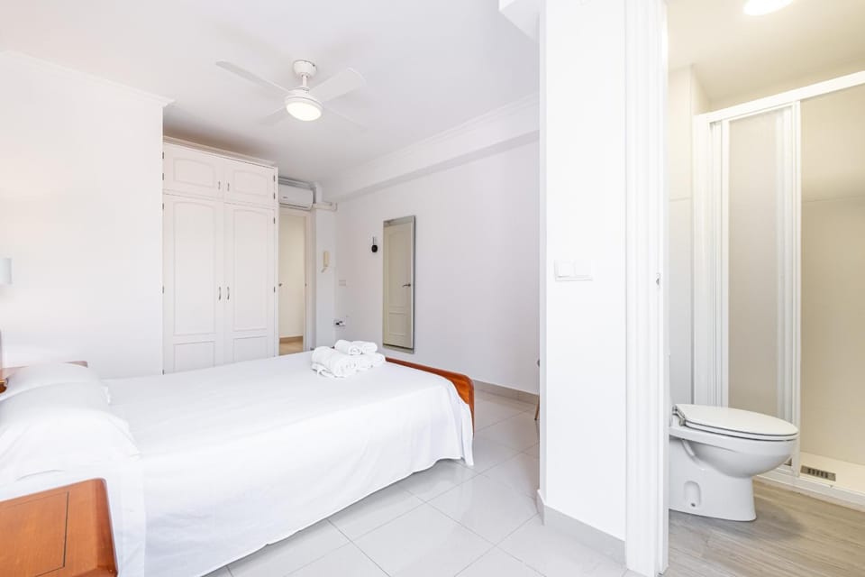 Shower, Toilet, Bed, Bathroom, Bedroom, fireplace, towels, wardrobe, air conditioner