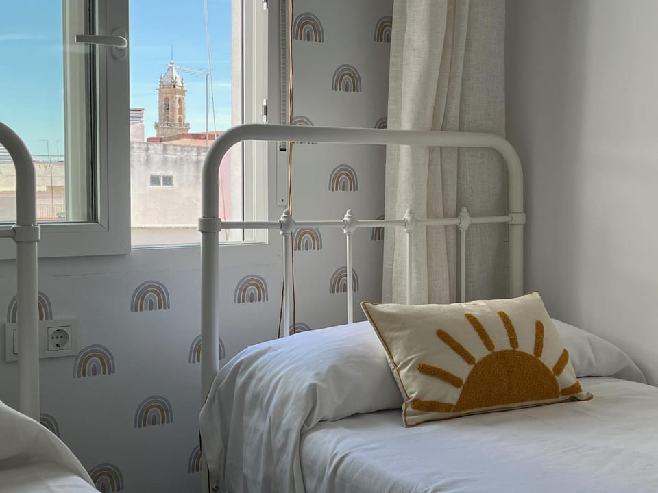 Bed, Decorative detail, Bedroom, City view