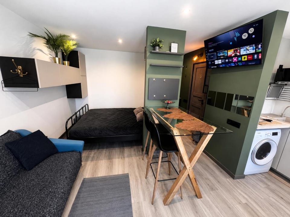 Bed, TV and multimedia, Kitchen or kitchenette, Living room, Seating area, Evening entertainment, Bedroom