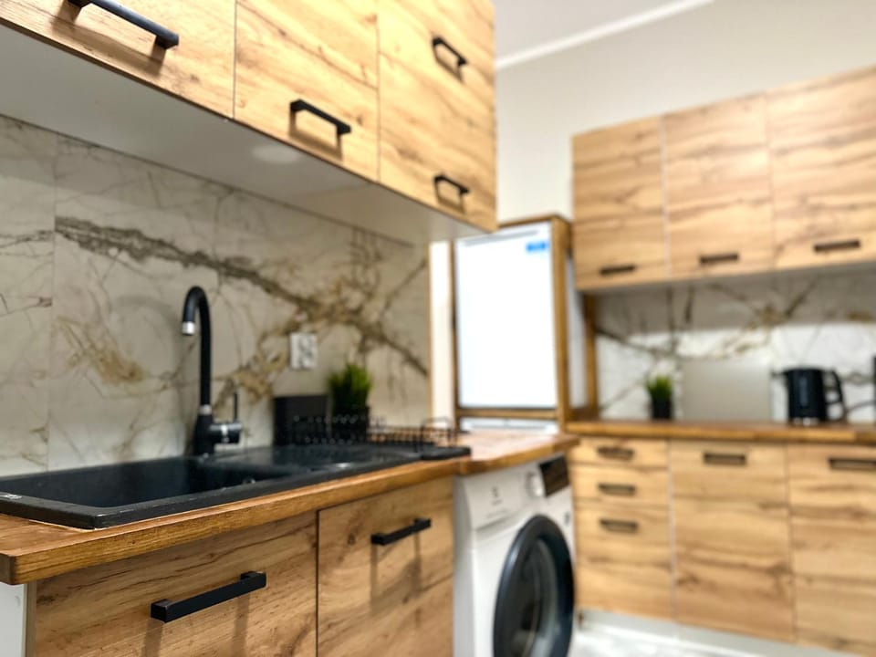 Kitchen or kitchenette, minibar, stove, washing machine