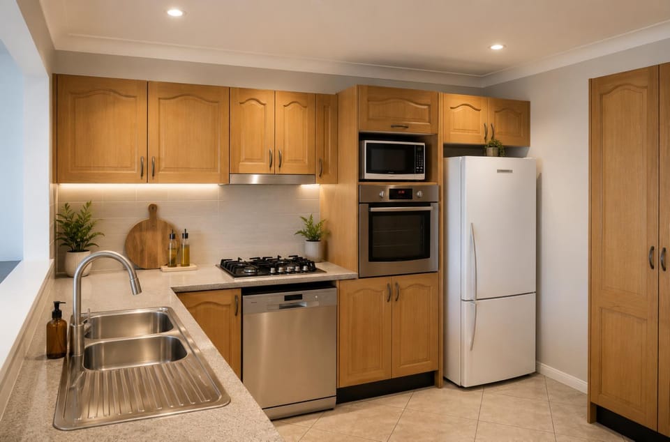 Kitchen or kitchenette, dishwasher, microwave, oven, storage, stove