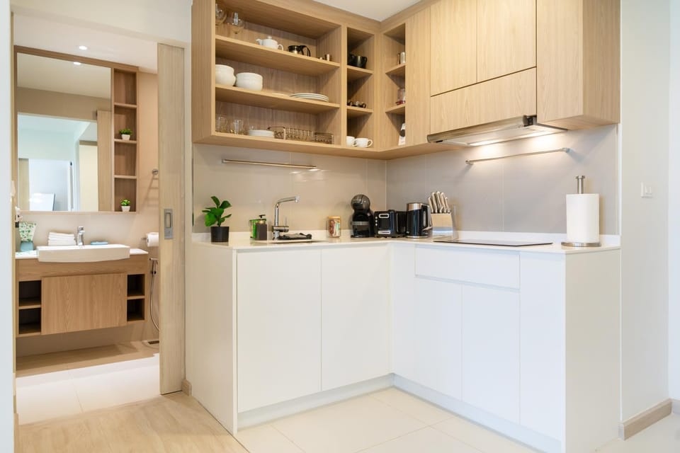 Kitchen or kitchenette, stove
