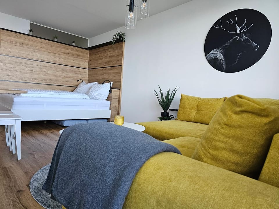 Bed, Living room, Seating area, Bedroom