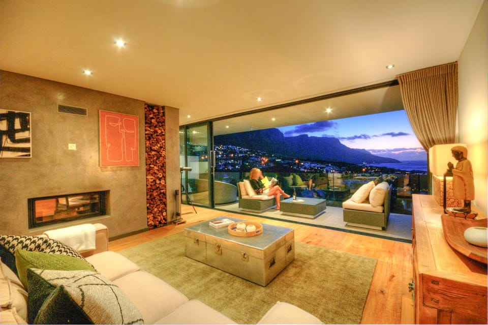 Night, Living room, Seating area, Mountain view