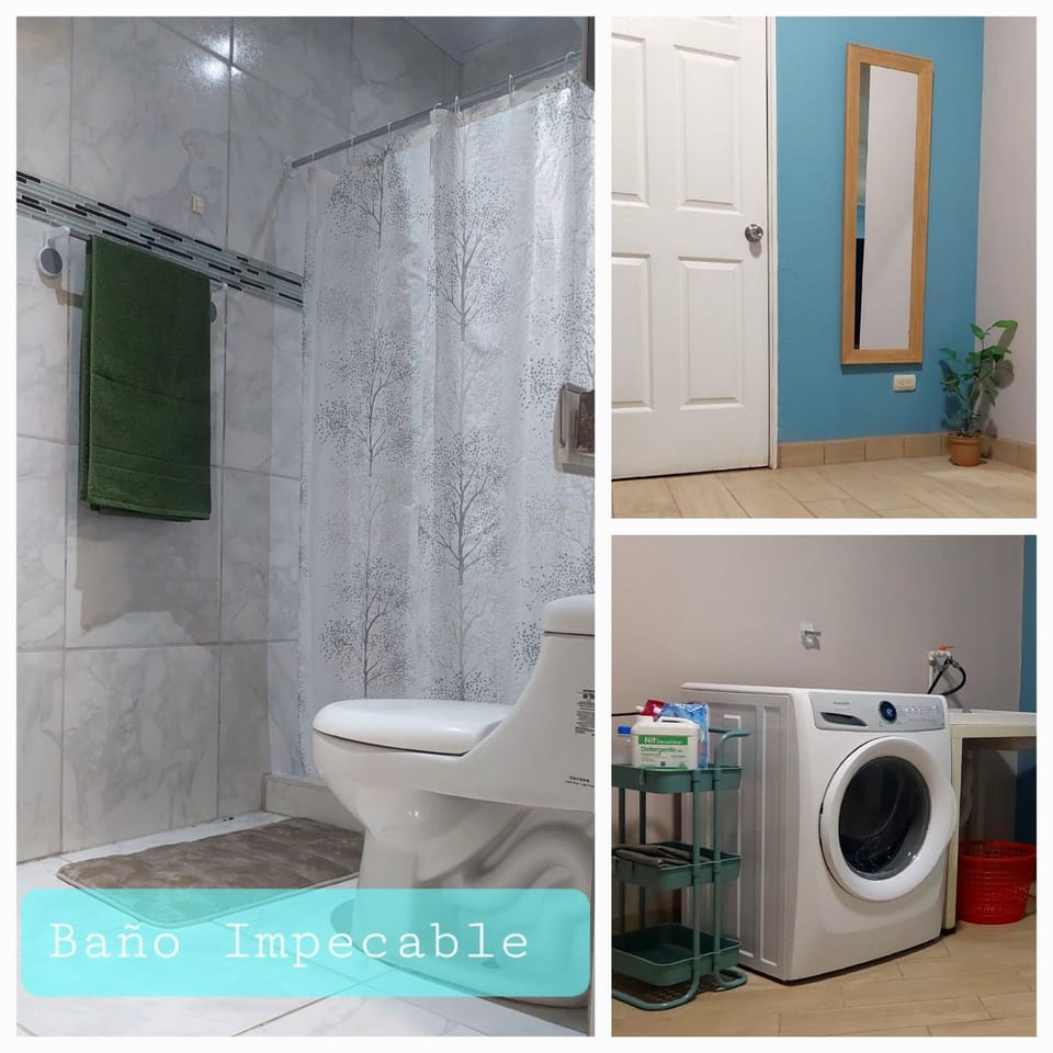 Shower, Toilet, Bathroom, towels, washing machine, dryer