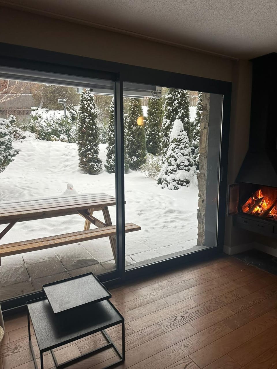 Patio, Patio, Natural landscape, Winter, Living room, Seating area, fireplace