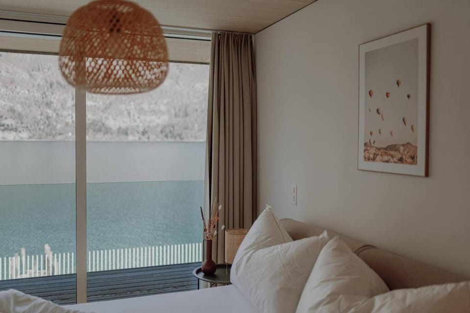 Bed, Natural landscape, Bedroom, Lake view