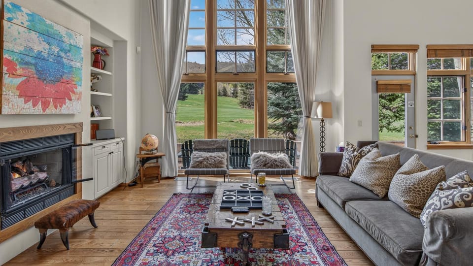 View (from property/room), Living room, Seating area, fireplace, furniture