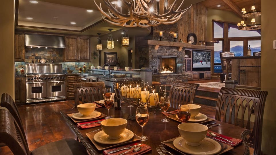 Dining area, fireplace, furniture, oven, stove