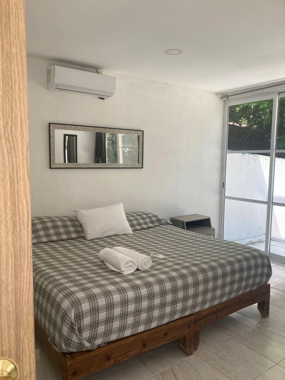 Bed, Photo of the whole room, Bedroom, towels, air conditioner