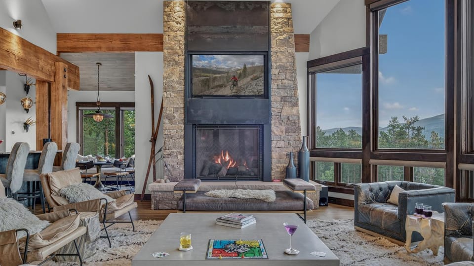 Living room, Seating area, Mountain view, fireplace, furniture