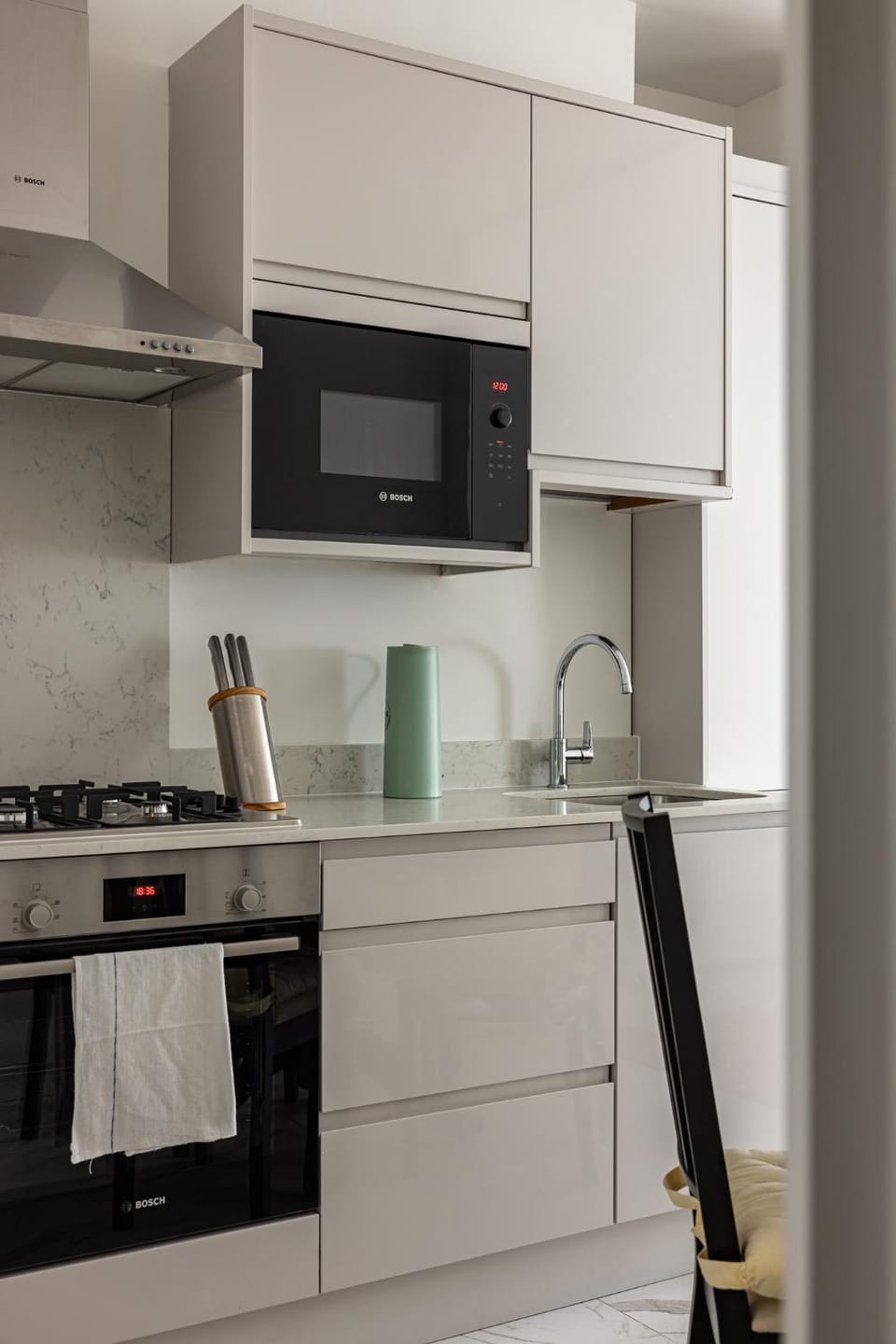 Kitchen or kitchenette, stove