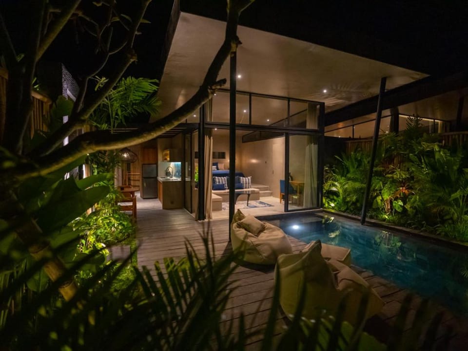 Patio, Night, Natural landscape, Garden, Pool view, Swimming pool, sunbed