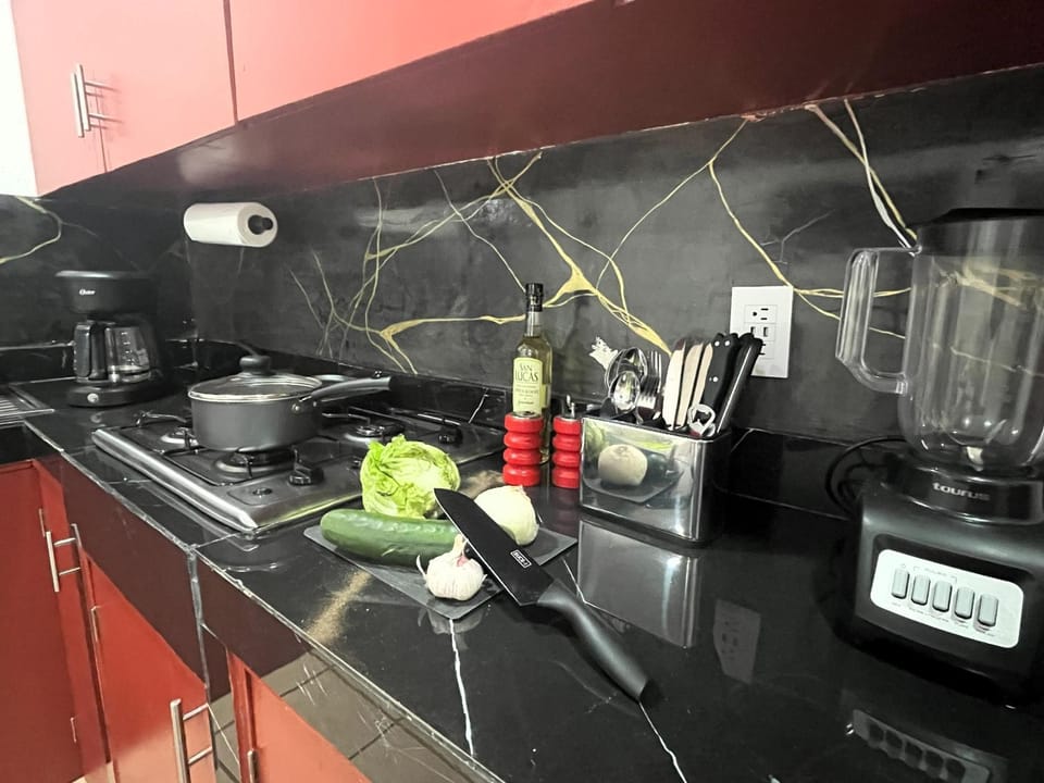 Kitchen or kitchenette, microwave, stove, toaster, kitchen