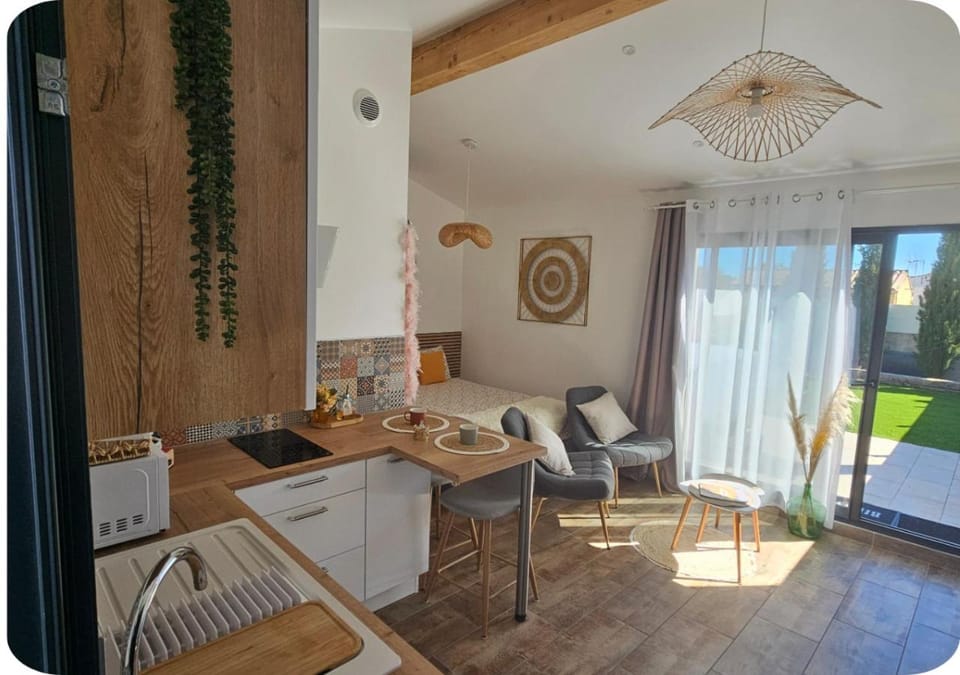 Kitchen or kitchenette, Living room, Seating area, Dining area