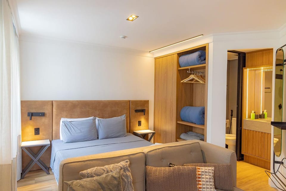 Bed, wardrobe