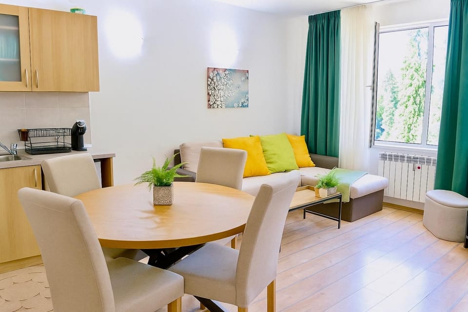 Kitchen or kitchenette, Living room, Seating area, Dining area