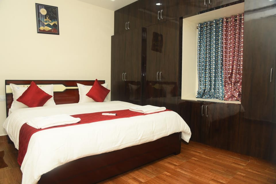 Bed, wardrobe