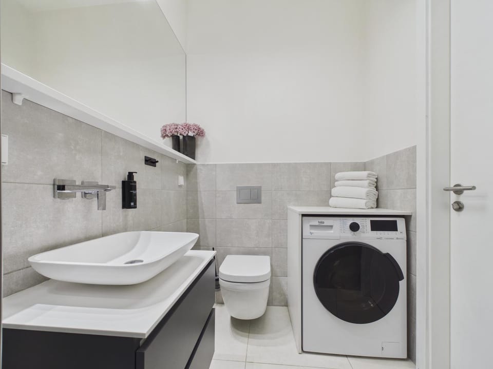 Toilet, Bathroom, towels, washing machine