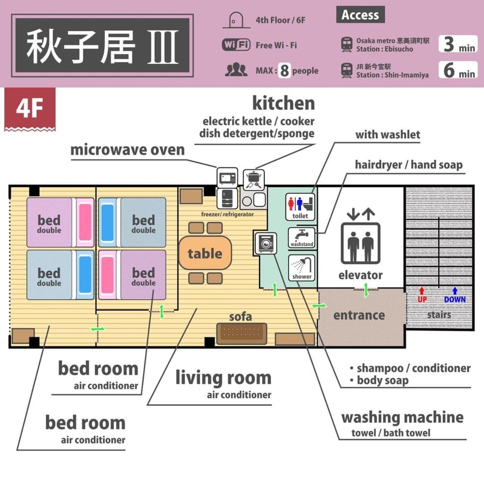 120㎡电梯公寓房四楼五楼整租/南海線關西機場直达/地铁2分钟至日本橋/黒門市場道顿堀 Apartment in Osaka