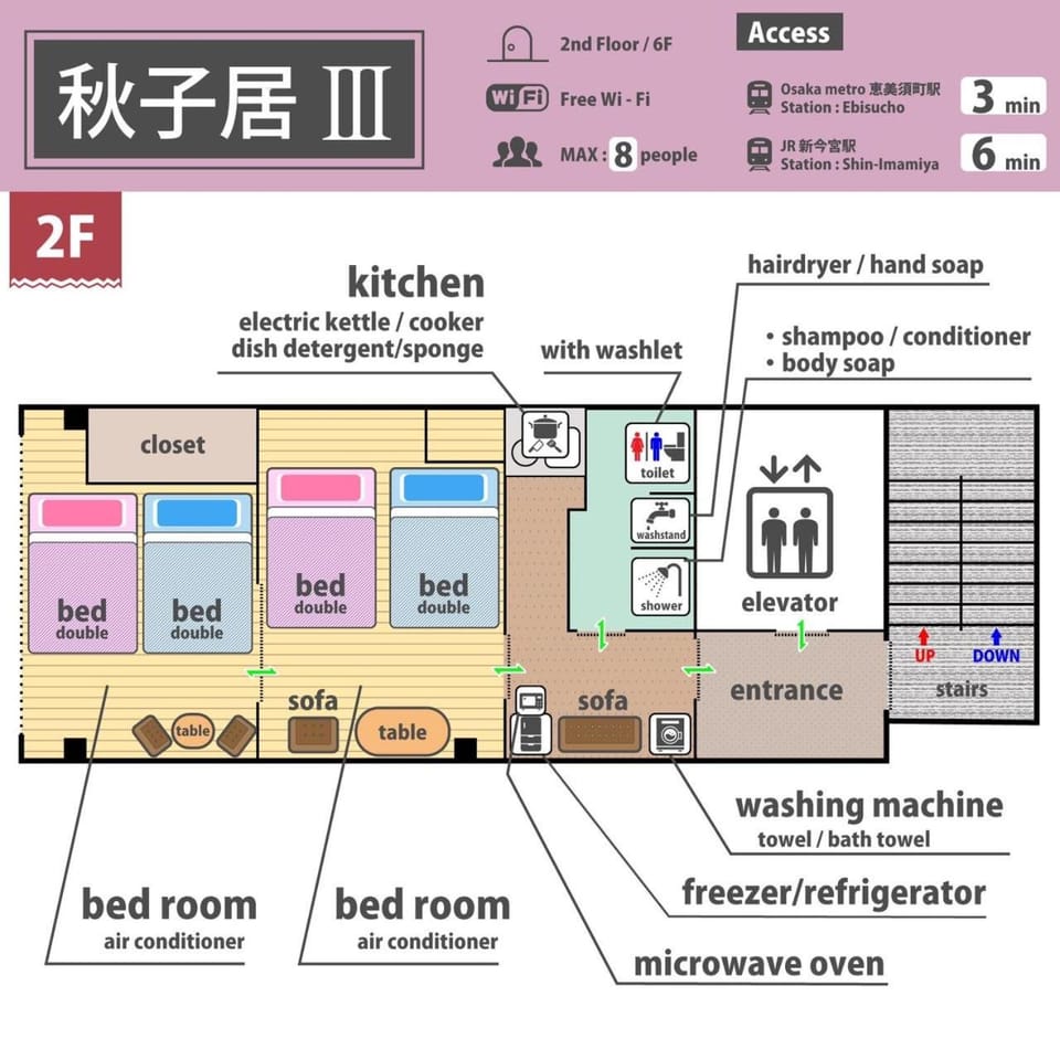 新営業120㎡电梯日式公寓房两层整租/南海線關西機場直达/地铁2分钟至日本橋/黒門市場道顿堀/心斋桥 Apartment in Osaka
