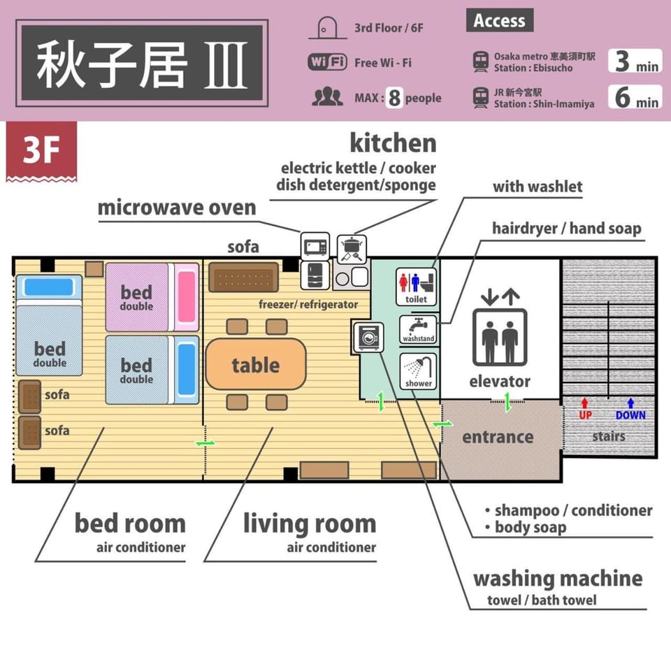新営業120㎡电梯日式公寓房两层整租/南海線關西機場直达/地铁2分钟至日本橋/黒門市場道顿堀/心斋桥 Apartment in Osaka